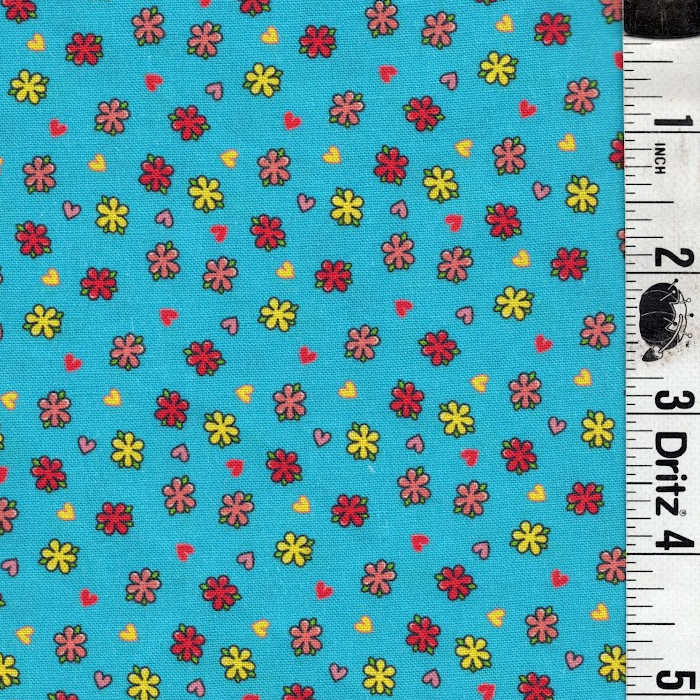 END OF BOLT 686 My Fabric Addiction Red Yellow Flowers on Teal Fabric background 100% cotton quilting fabric