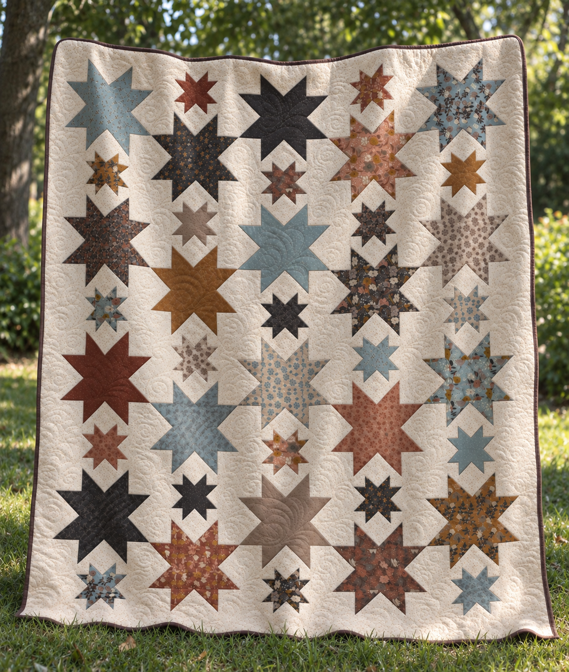 A handmade quilted star-patterned blanket is displayed outdoors on a grassy lawn with trees in the background. The quilt features a grid of multi-sized star patches in various earthy tones including rust, slate blue, charcoal, and brown on a cream-colored background with a dark brown border. Helen Quilt Moda Fabrics
