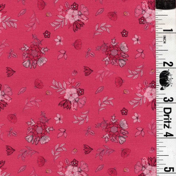 ENDOFBOLT102 Bright Pink background with Light and Dark Pink Floral Accents basic 100% cotton quilting fabric