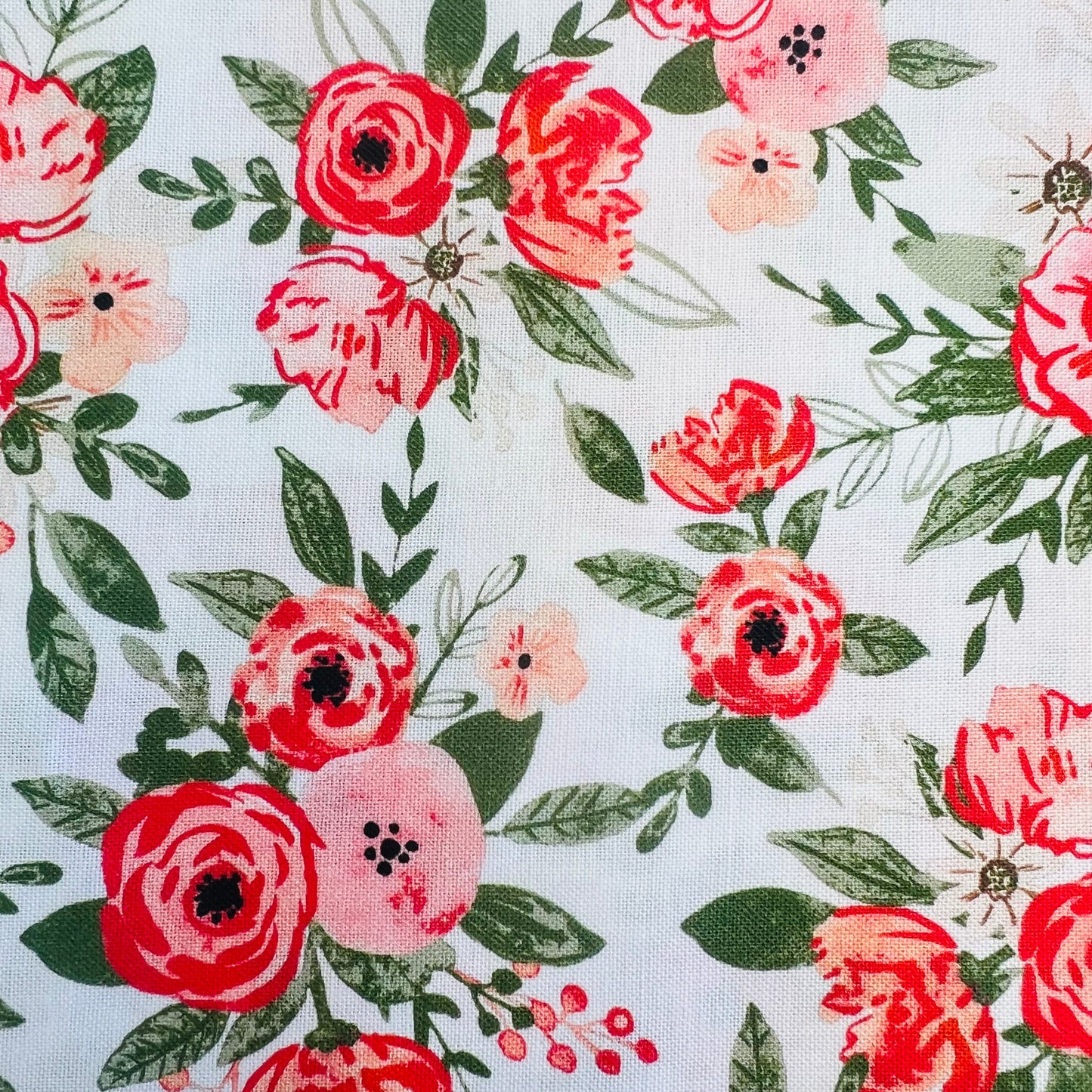 END OF BOLT 712 My Fabric Addiction White Pink Flowers Fabric background 100% cotton quilting fabric