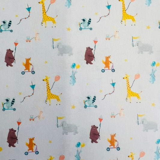 END OF BOLT 734 Animals with Balloons on White Fabric background 100% cotton quilting fabric