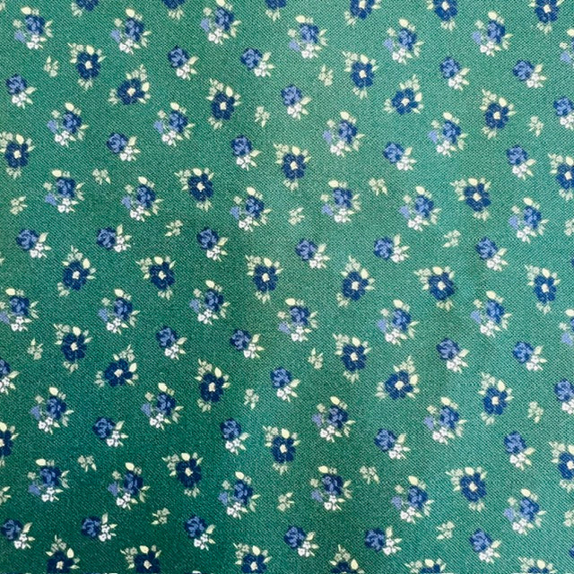 END OF BOLT 778 Blue Flowers on Green background 100% cotton quilting fabric