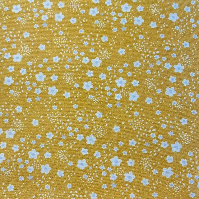 END OF BOLT 888 White Flowers on Mustard Yellow Background 100% cotton quilting fabric