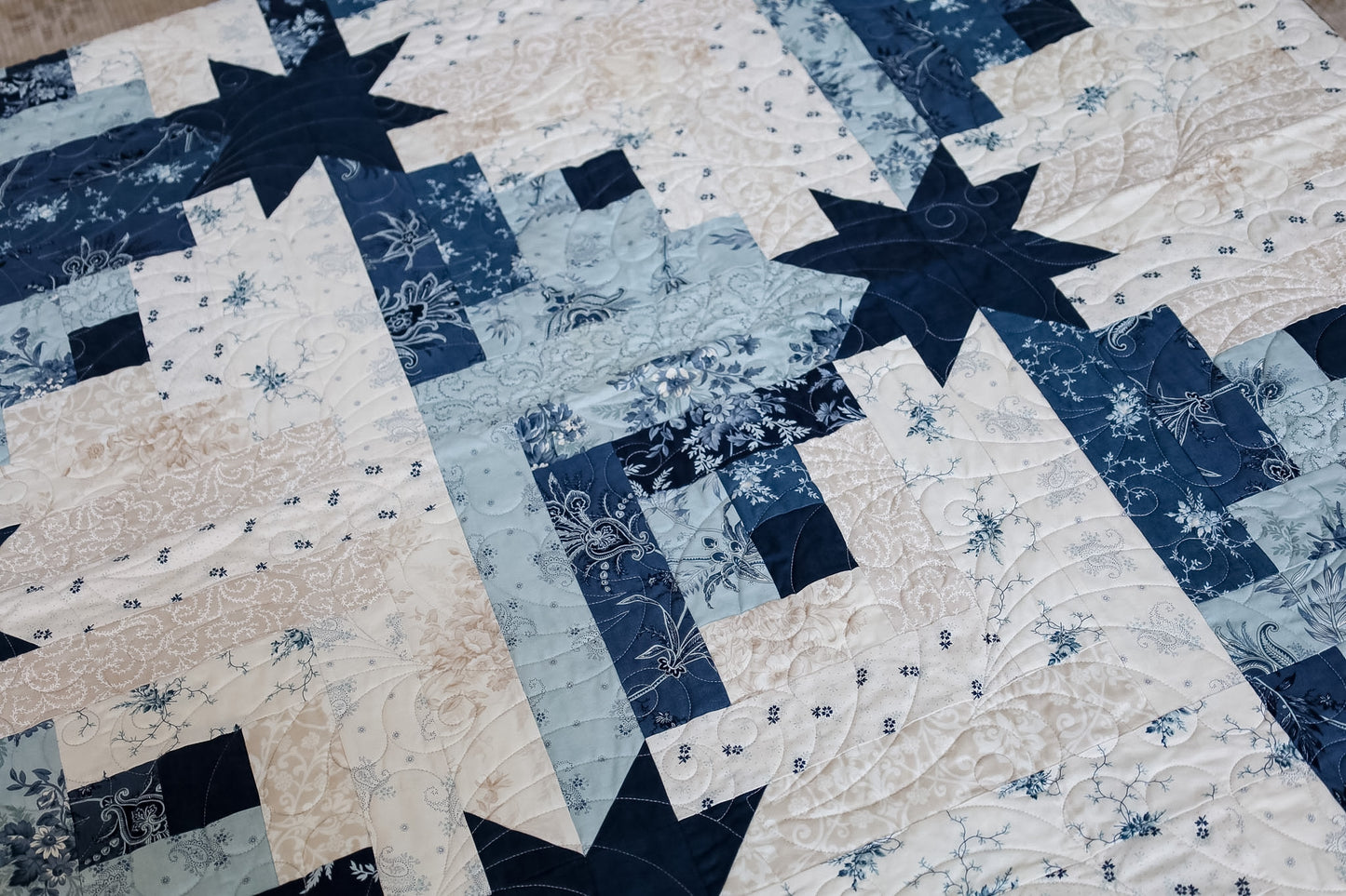 Maggie's Cabin Pre -Cut Quilt Kit featuring Moda Breathtaking Blues by 3 Sisters | 64 1/2" x 78 1/2"