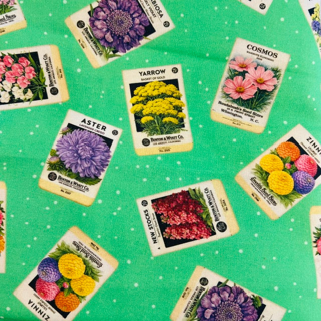 END OF BOLT 939 My Fabric Addiction Flower Packs on Green Background 100% cotton quilting fabric