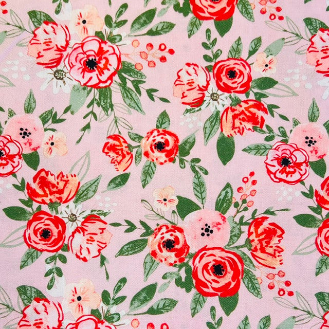 END OF BOLT 954 My Fabric Addiction Pink Green Flowers on Pink Background 100% cotton quilting fabric