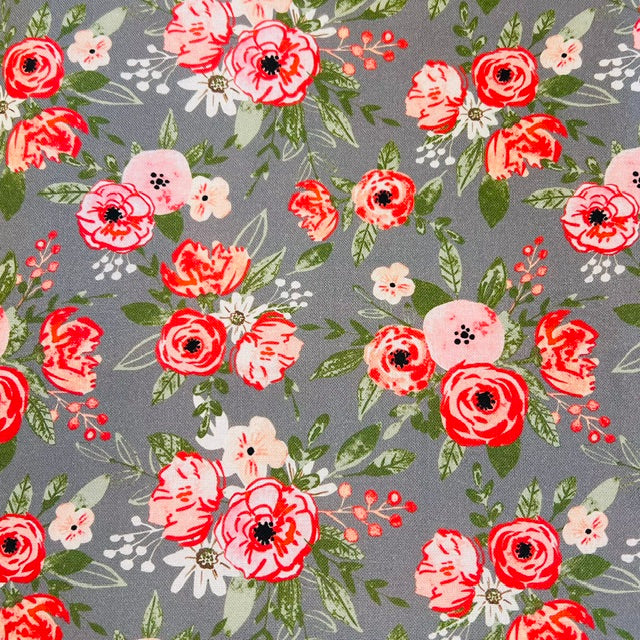 END OF BOLT 955 My Fabric Addiction Pink Green Flowers on Gray Background 100% cotton quilting fabric