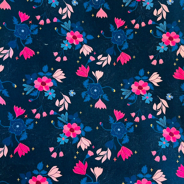 END OF BOLT 958 My Fabric Addiction Pink Blue Flowers on Blue Background 100% cotton quilting fabric