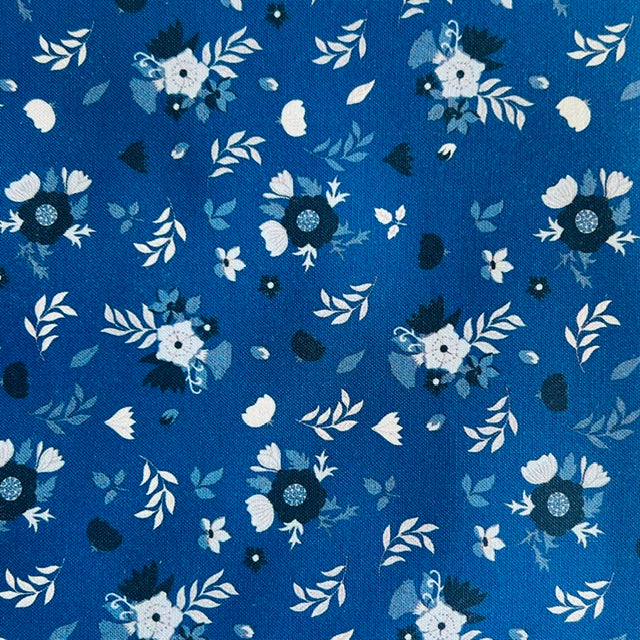 END OF BOLT 1023 My Fabric Addiction Blue Flowers on Blue Background 100% cotton quilting fabric