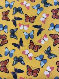ENDOFBOLT109 Golden Yellow background with colorful butterflies basic 100% cotton quilting fabric