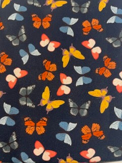ENDOFBOLT110 Navy Blue background with colorful butterflies basic 100% cotton quilting fabric