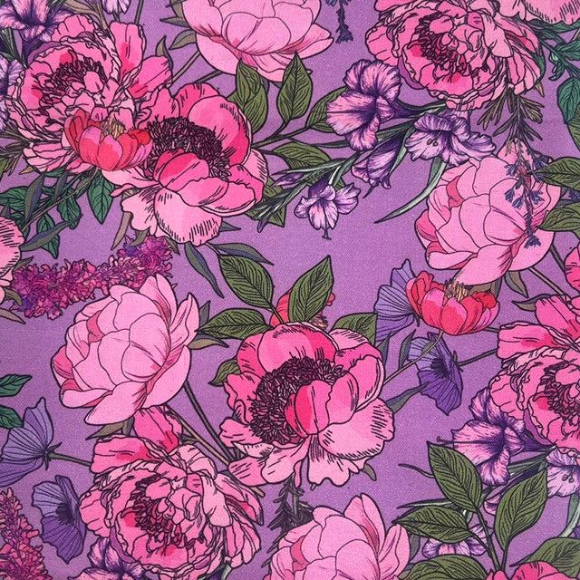 END OF BOLT 1125 My Fabric Addiction Pink Purple Green Poppy Flowers on Purple background 100% cotton quilting fabric