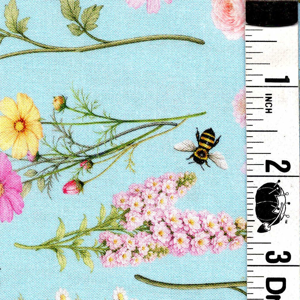 5-Yard Continuous Fabric Cuts Honey Bees & Flowers on Light Blue  – Endless Possibilities!