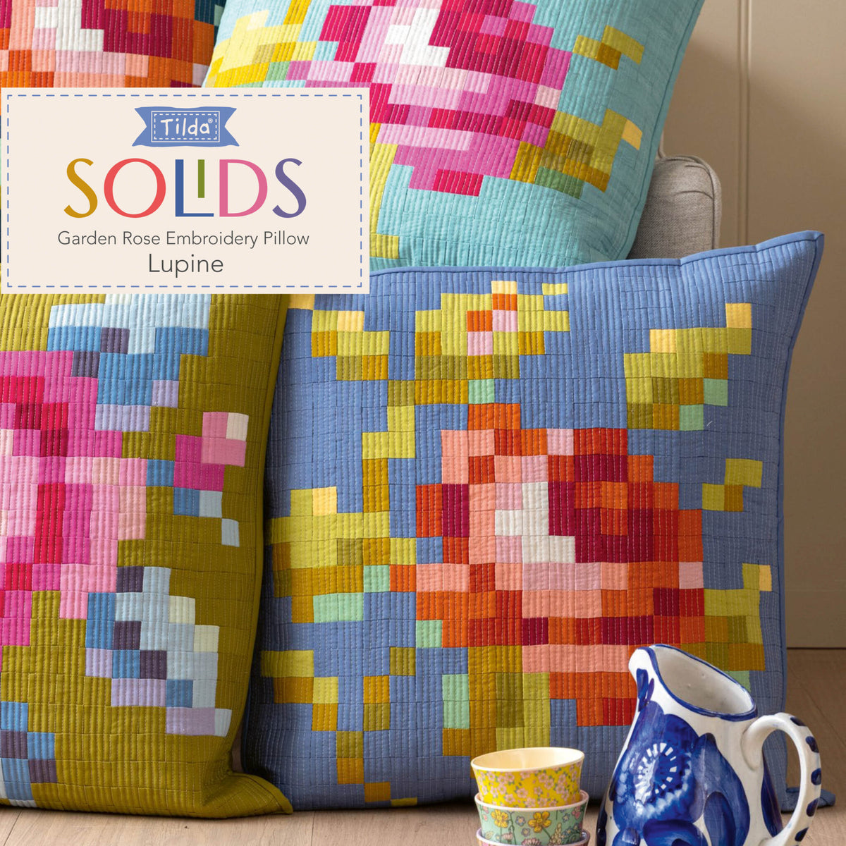 Tilda Garden Rose Embroidery Pillow Kit in Lupine Pre-Cut Ready-To-Sew Fabric, Pattern, Binding, and Backing Included