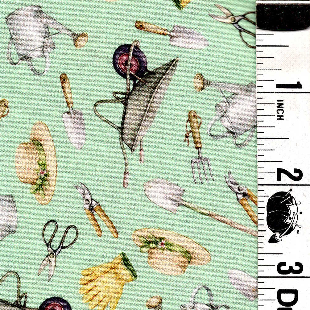5-Yard Continuous Fabric Cuts Garden Tools on Minty Green  – Endless Possibilities!