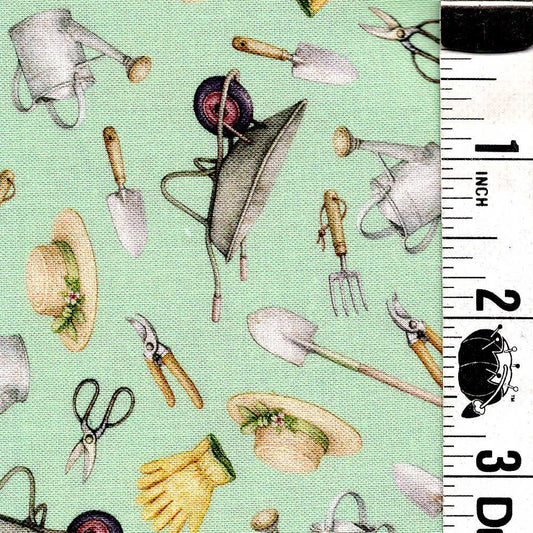 5-Yard Continuous Fabric Cuts Garden Tools on Minty Green  – Endless Possibilities!