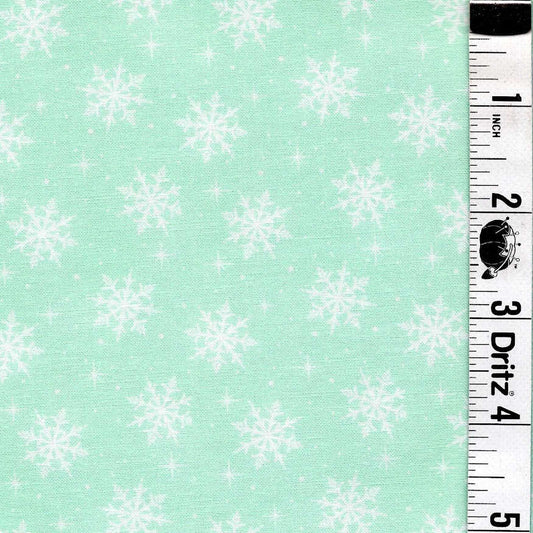 END OF BOLT 722 White Snowflakes on Mint Fabric background 100% cotton quilting fabric