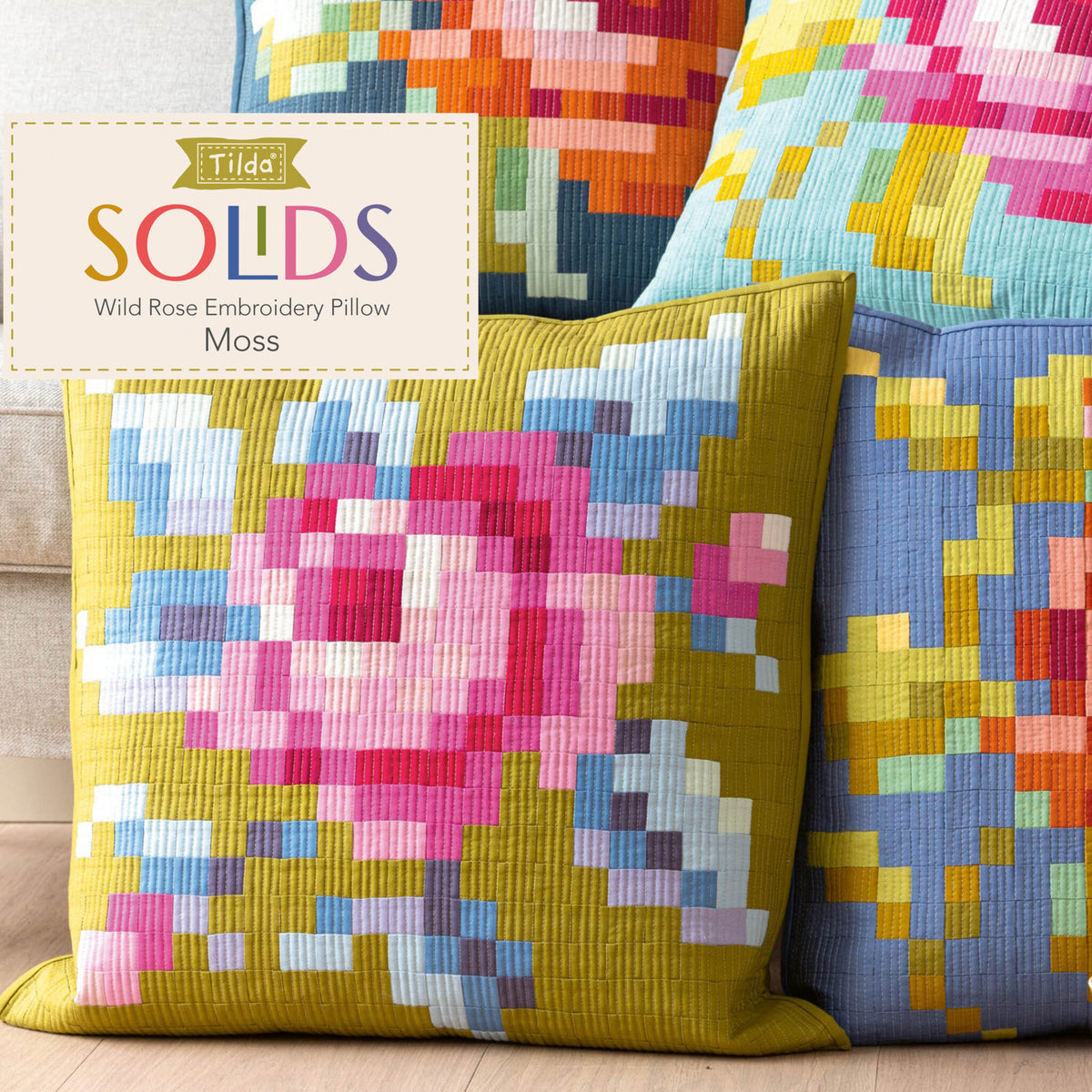 Tilda Garden Rose Embroidery Pillow Kit in Moss Pre-Cut Ready-To-Sew Fabric, Pattern, Binding, and Backing Included