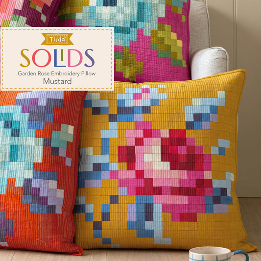Tilda Garden Rose Embroidery Pillow Kit in Mustard Pre-Cut Ready-To-Sew Fabric, Pattern, Binding, and Backing Included