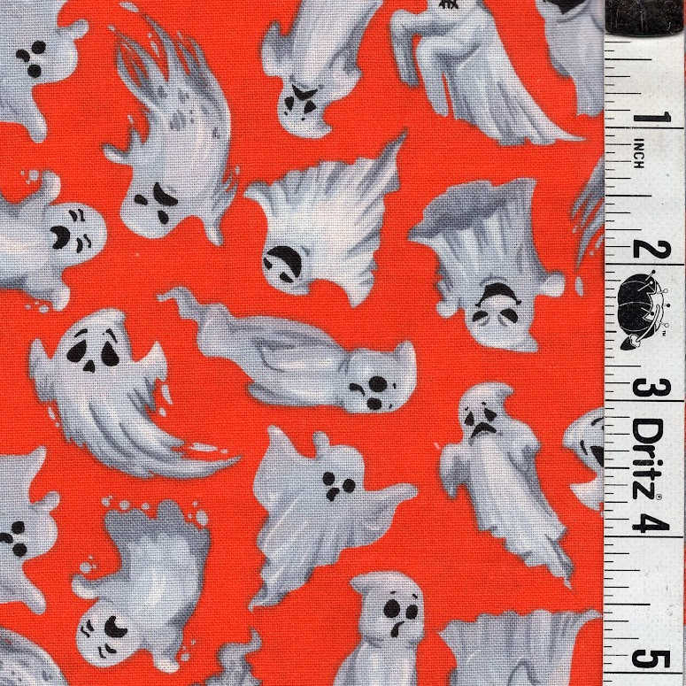 END OF BOLT 1001 My Fabric Addiction Halloween white ghosts on Orange Background 100% cotton quilting fabric