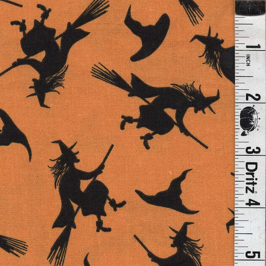 END OF BOLT 1003 My Fabric Addiction Halloween black witches on Orange Background 100% cotton quilting fabric