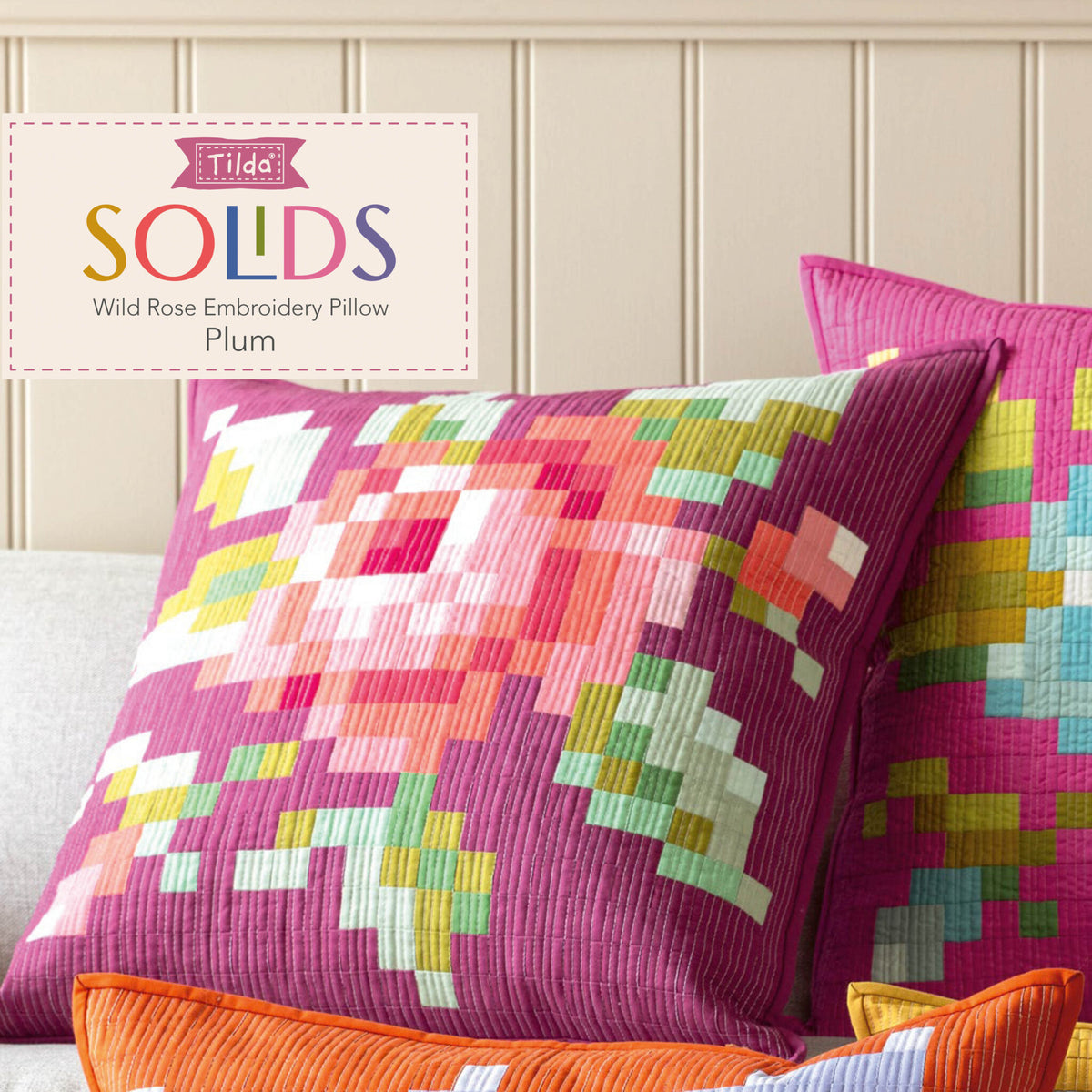Tilda Garden Rose Embroidery Pillow Kit in Plum Pre-Cut Ready-To-Sew Fabric, Pattern, Binding, and Backing Included