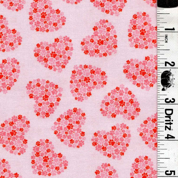 END OF BOLT 706 Pink Red Paw Prints Hearts Fabric background 100% cotton quilting fabric