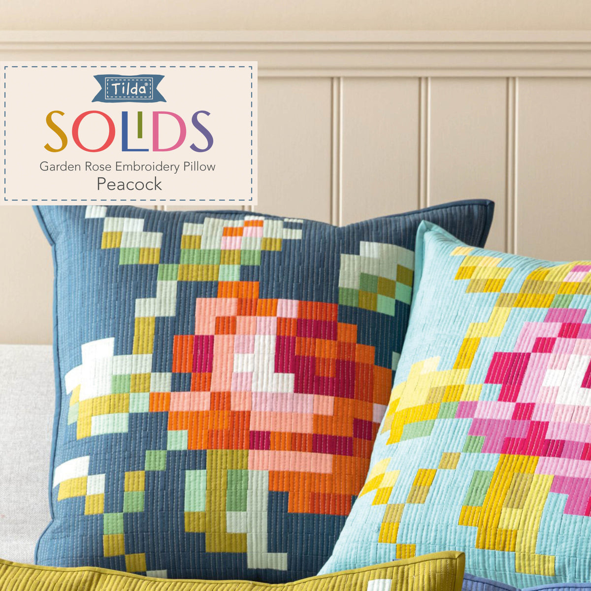 Tilda Garden Rose Embroidery Pillow Kit in Peacock Pre-Cut Ready-To-Sew Fabric, Pattern, Binding, and Backing Included