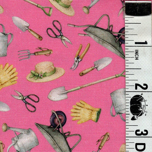 5-Yard Continuous Fabric Cuts Garden Tools on Hot Pink – Endless Possibilities!