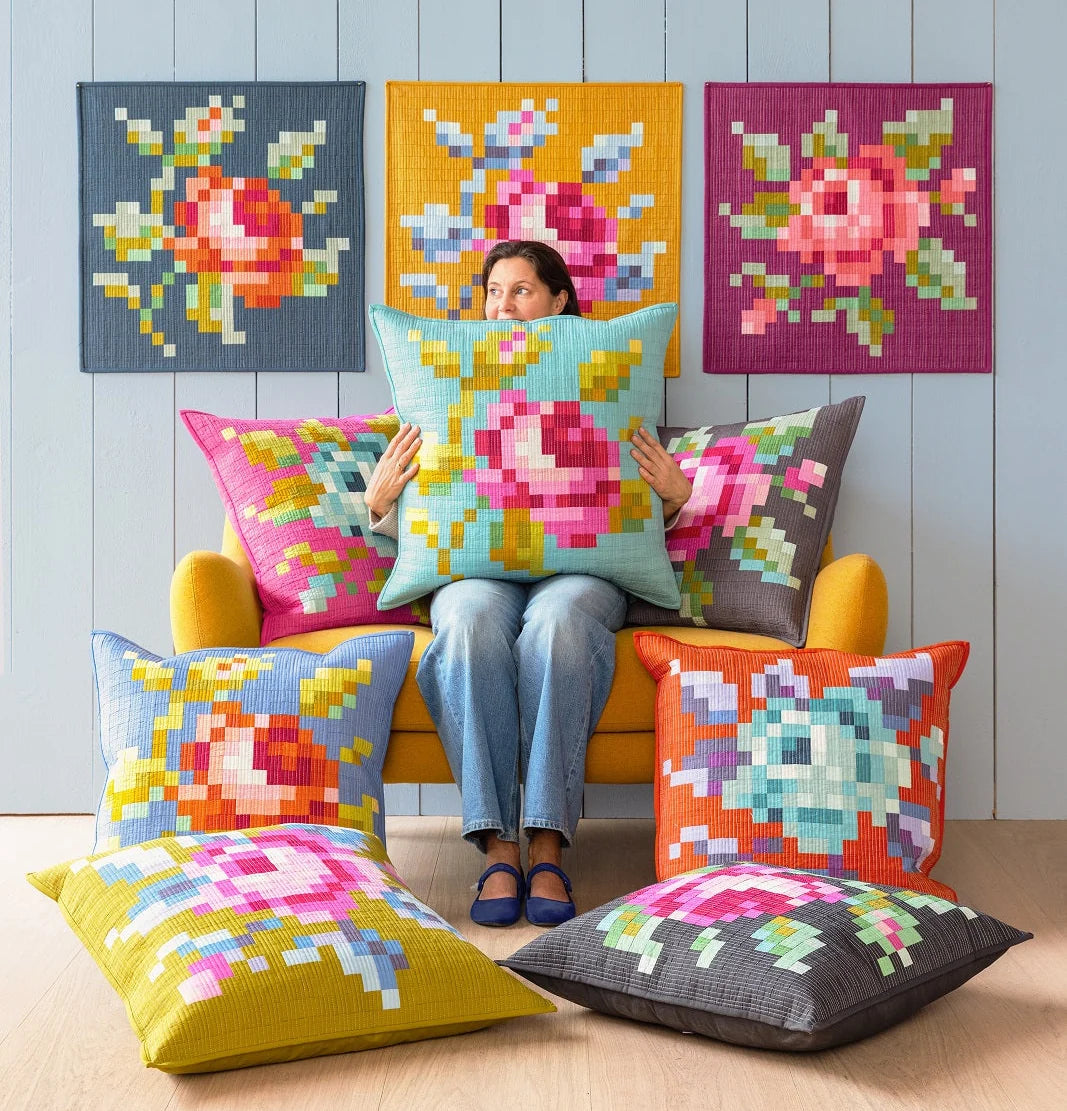Tilda Garden Rose Embroidery Pillow Kit in Cerise Pre-Cut Ready-To-Sew Fabric, Pattern, Binding, and Backing Included