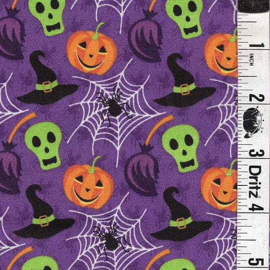 END OF BOLT 509 My Fabric Addiction Halloween purple lime green skulls Fabric background 100% cotton quilting fabric