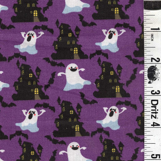 END OF BOLT 609 My Fabric Addiction ghosts haunted houses on purple Halloween Fabric background 100% cotton quilting fabric
