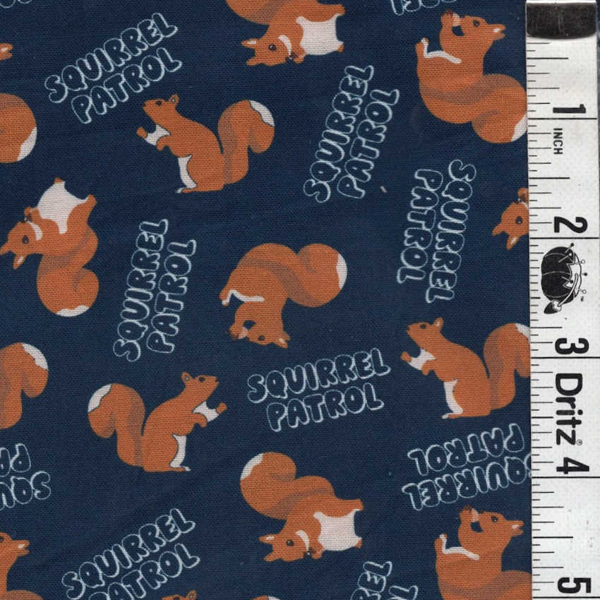 END OF BOLT 1192 Brown Squirrel Patrol on Navy Blue background 100% cotton quilting fabric
