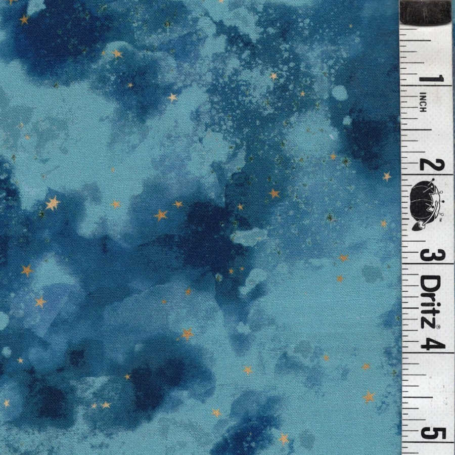 END OF BOLT 854 My Fabric AddictionTeal Blue Green Gold Stars Fabric background 100% cotton quilting fabric