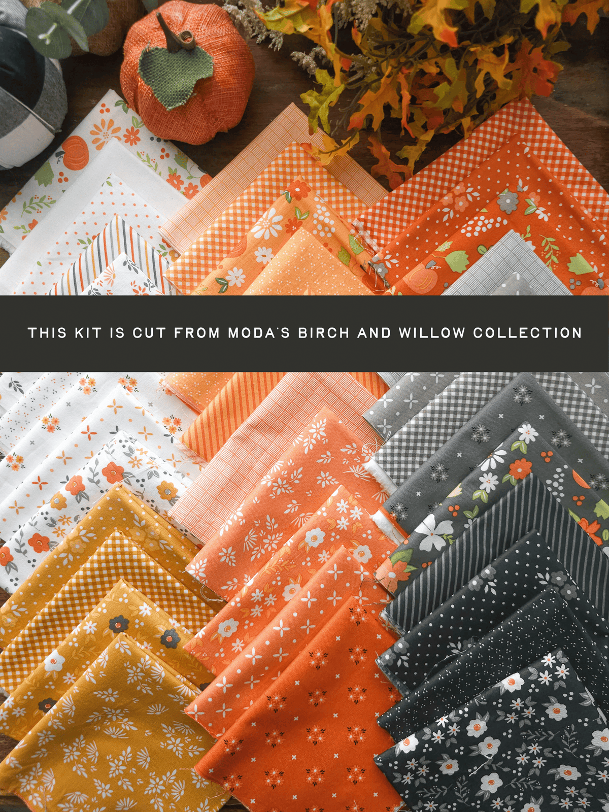 A collection of folded fabric squares in autumn and neutral patterns, arranged in rows. The fabrics feature orange, yellow, gray, black, and white designs including florals, stripes, and polka dots.