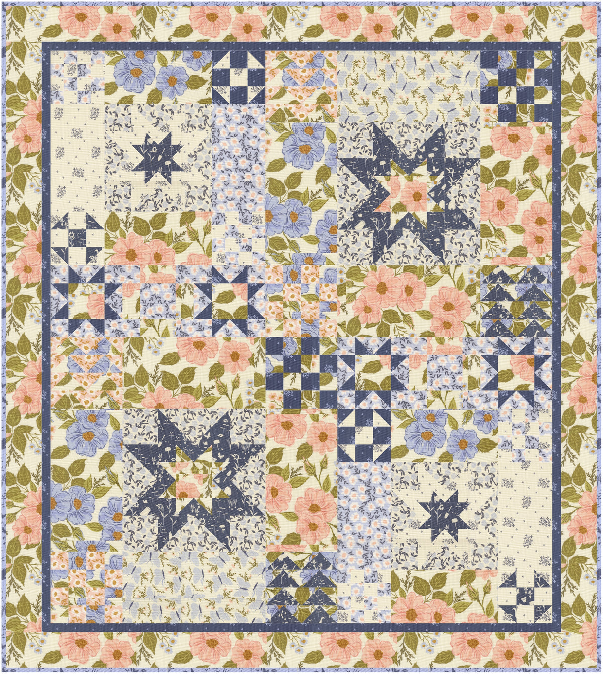 A square patchwork quilt design with floral and geometric blocks, featuring cream, dusty blue, pink, and olive green tones, bordered by a navy blue and cream patterned edge.