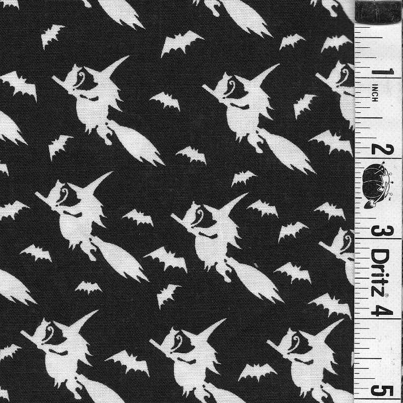END OF BOLT 1034 Halloween white witches on black background 100% cotton quilting fabric
