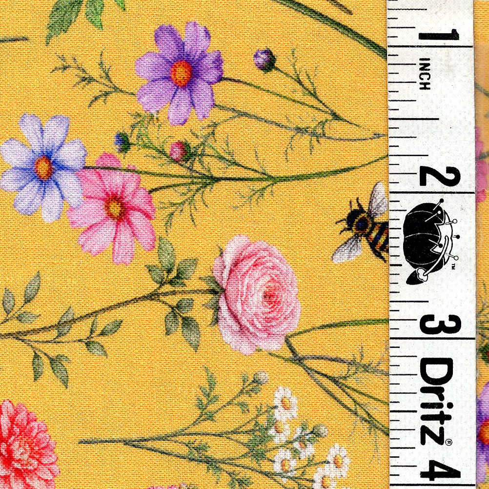 5-Yard Continuous Fabric Cuts Honey Bees & Flowers on Yellow  – Endless Possibilities!