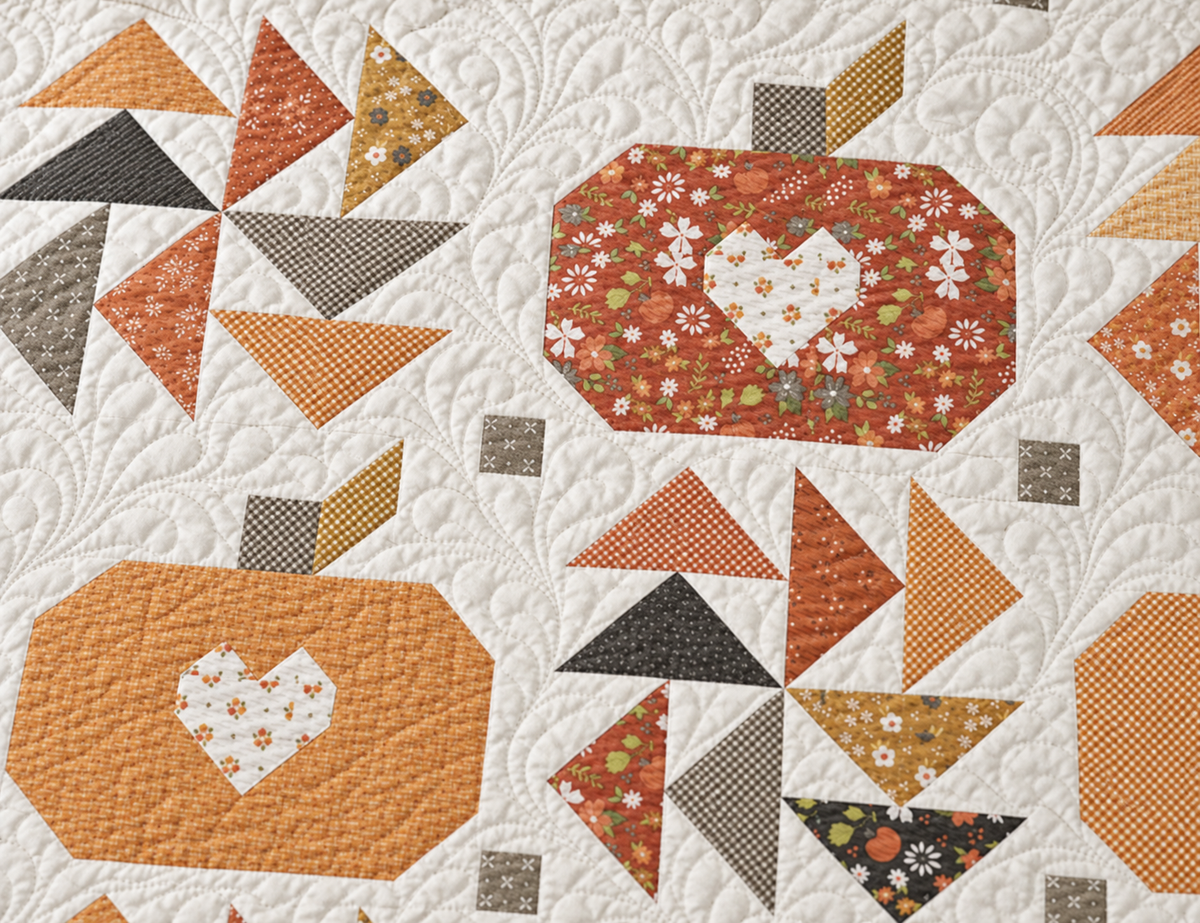A close-up of a quilted fabric featuring autumn-themed patchwork designs, including stylized pumpkins with white floral heart cutouts and geometric triangles in orange, brown, gray, and yellow on a white background.