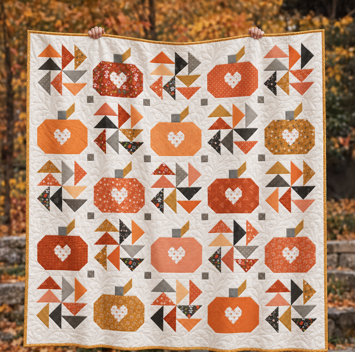 A handmade autumn-themed quilt held up by two hands against a blurred background of fall foliage. The quilt features geometric pumpkin and pinwheel patterns in orange, red, brown, black, and white.