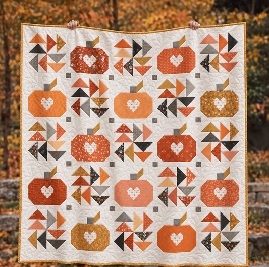 A handmade autumn-themed quilt held up by two hands against a blurred background of fall foliage. The quilt features geometric pumpkin and pinwheel patterns in orange, red, brown, black, and white.