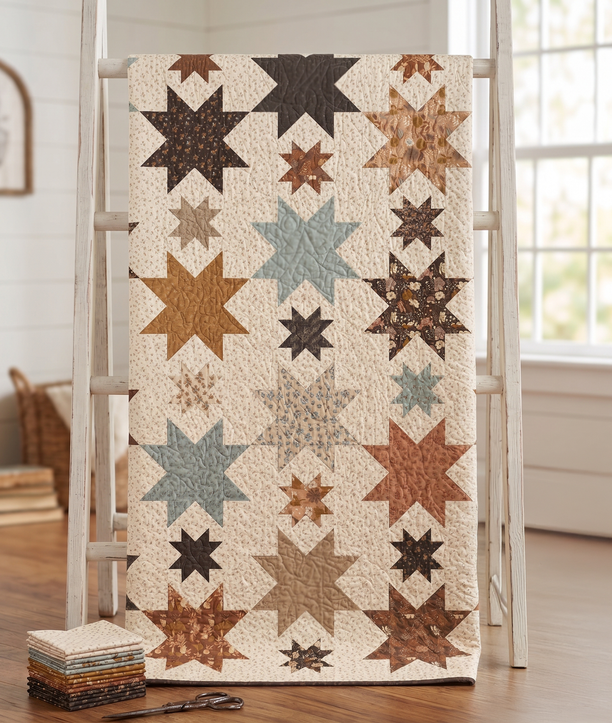 A quilted fabric panel with a repeating star pattern in earthy tones of brown, beige, and dusty blue, draped over a white wooden ladder in a bright room.