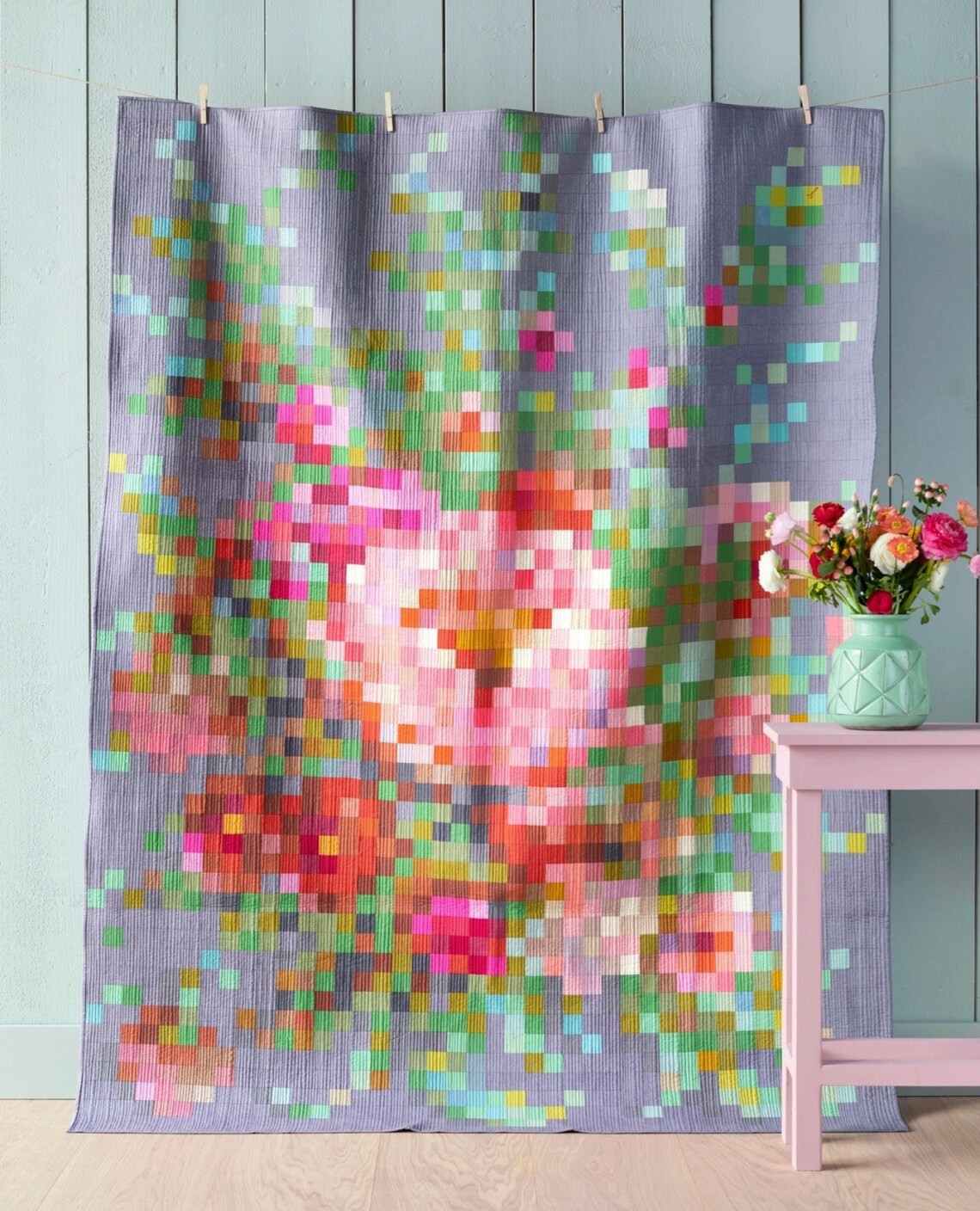 Tilda Flower Bouquet Embroidery Quilt Grey Chambray