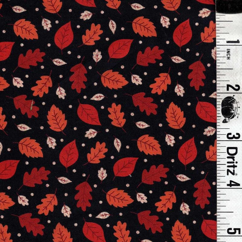END OF BOLT 06 Falling Leaves on Black background 100% cotton quilting fabric