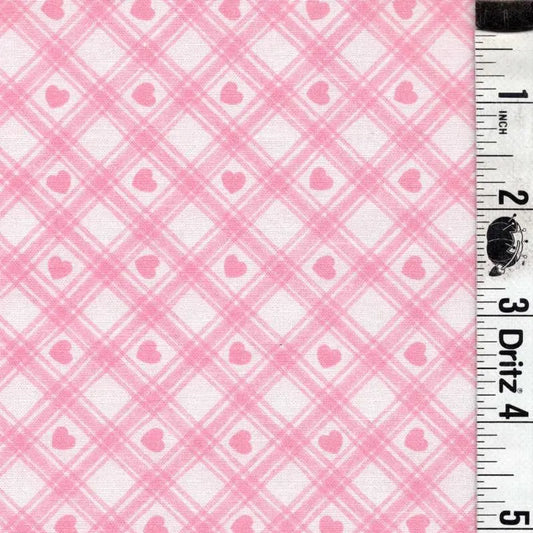 Cute Little pink hearts on plaid white background End of Bolt 1 yard 26 inch remnant 100% cotton quilting fabric