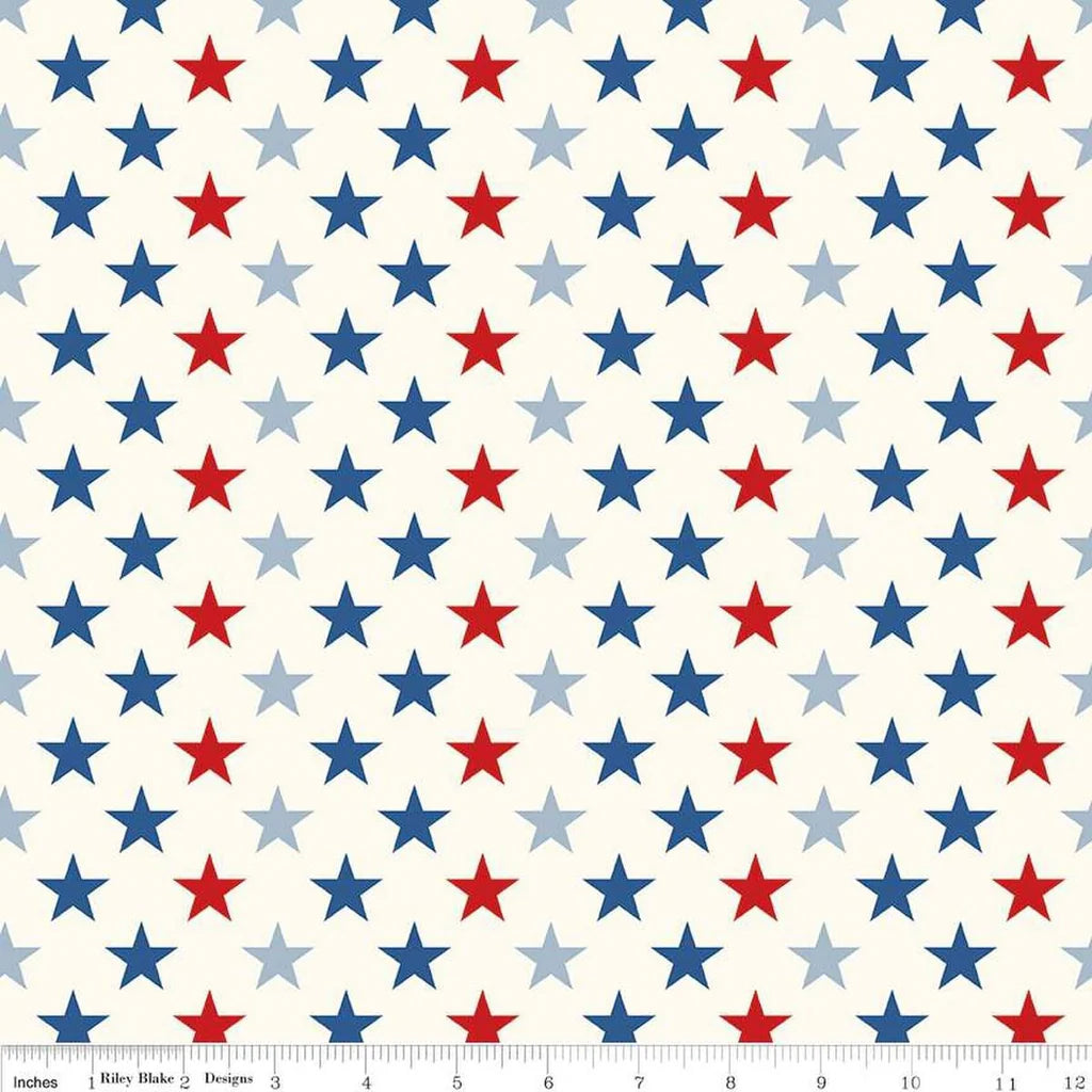 Red, White, and Blue Stars on White Background End of Bolt 1 yard remnant 100% cotton quilting fabric by Riley Blake