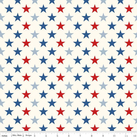 Red, White, and Blue Stars on White Background End of Bolt 1 yard remnant 100% cotton quilting fabric by Riley Blake