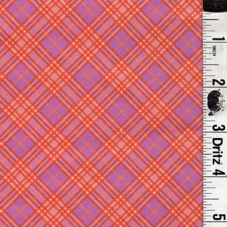 Diagonal plaid coral and lavender purple End of Bolt Remnant 1 yard 19 inch Basic 100% cotton quilting fabric