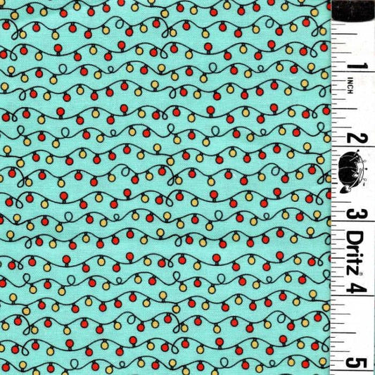 END OF BOLT 66 Strings of Christmas Lights turquoise background Basic 100% cotton quilting fabric