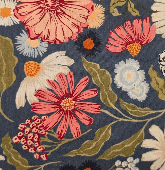 Premium 100% cotton Beautiful Dark Blue Floral Backing